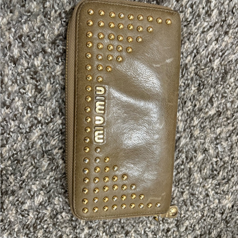 Miu Miu Taupe Leather Wallet with Gold Studs